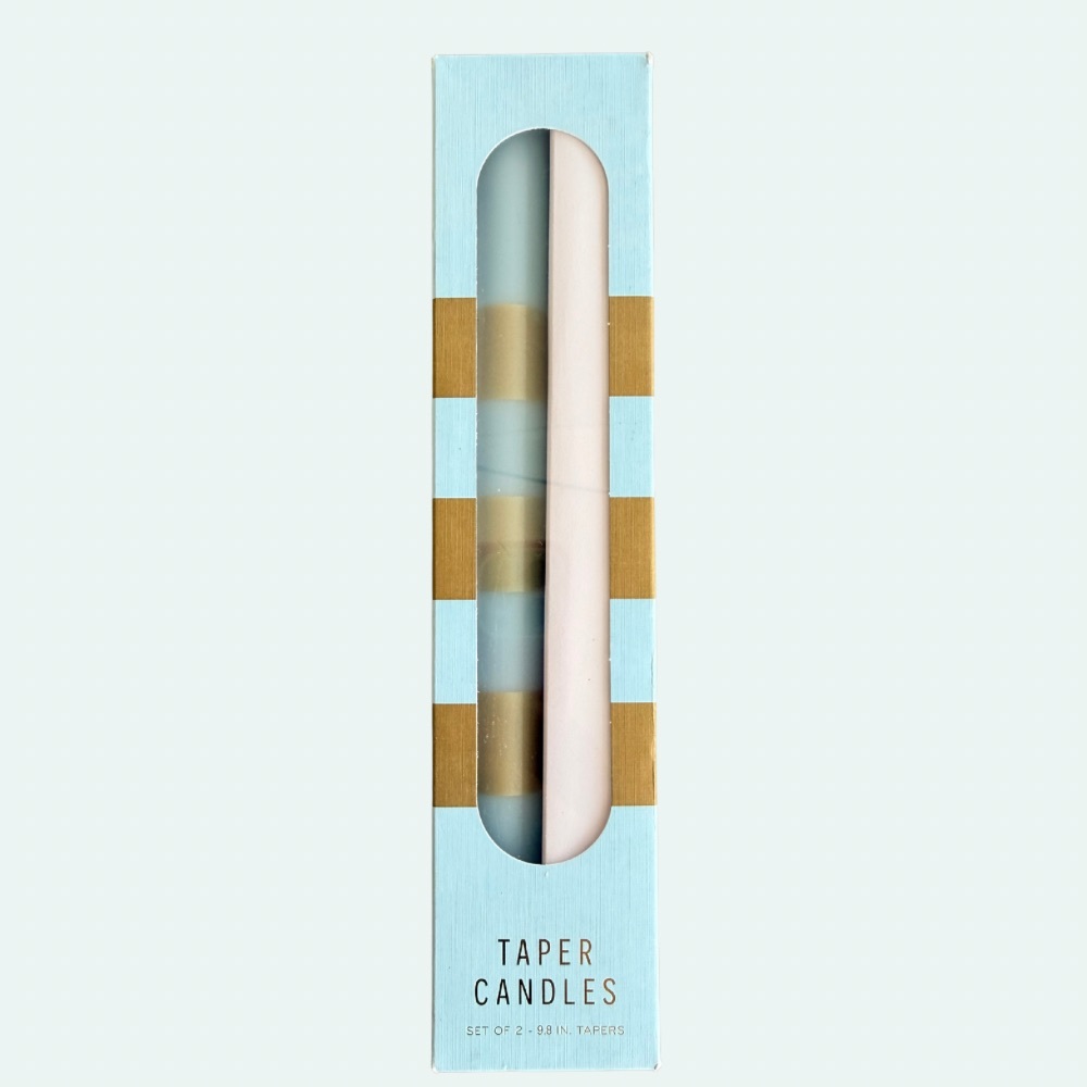 New Set Of 2 Anthropologie Striped Blue Gold Unscented Taper Candles 9.8”